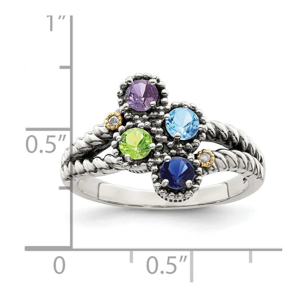 Sterling Silver Antiqued w/14k 4-stone w/Diamond Mother's Ring - 77