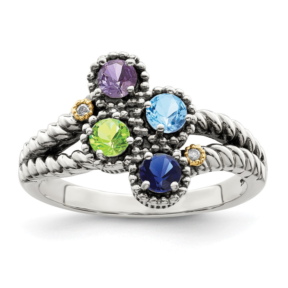 Sterling Silver Antiqued w/14k 4-stone w/Diamond Mother's Ring - 77