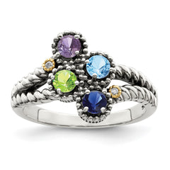 Sterling Silver Antiqued w/14k 4-stone w/Diamond Mother's Ring - 77
