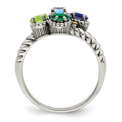 Sterling Silver Antiqued w/14k 5-stone w/Diamond Mother's Ring - 44