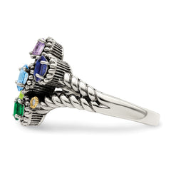 Sterling Silver Antiqued w/14k 5-stone w/Diamond Mother's Ring - 43
