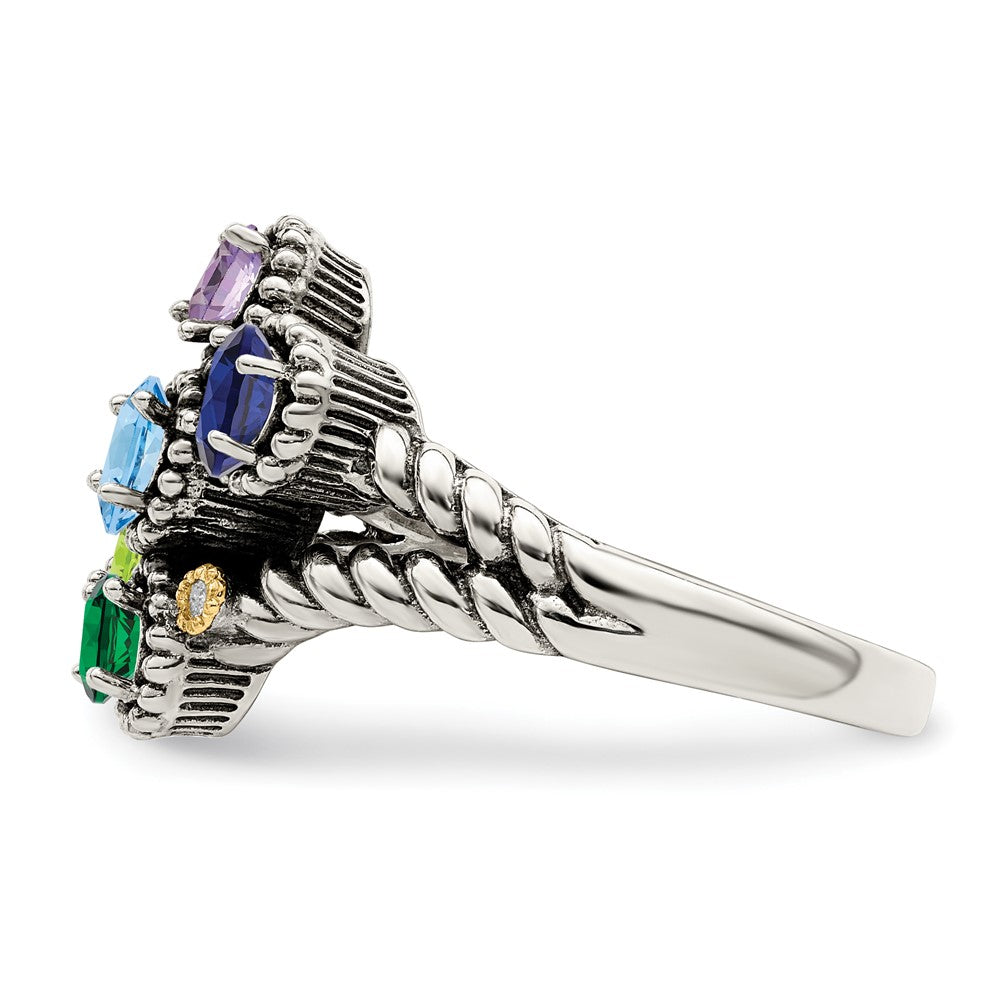 Sterling Silver Antiqued w/14k 5-stone w/Diamond Mother's Ring - 44