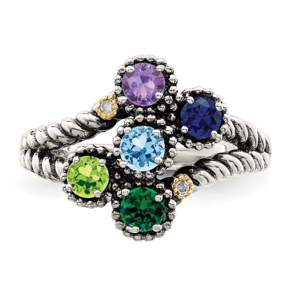 Sterling Silver Antiqued w/14k 5-stone w/Diamond Mother's Ring - 43