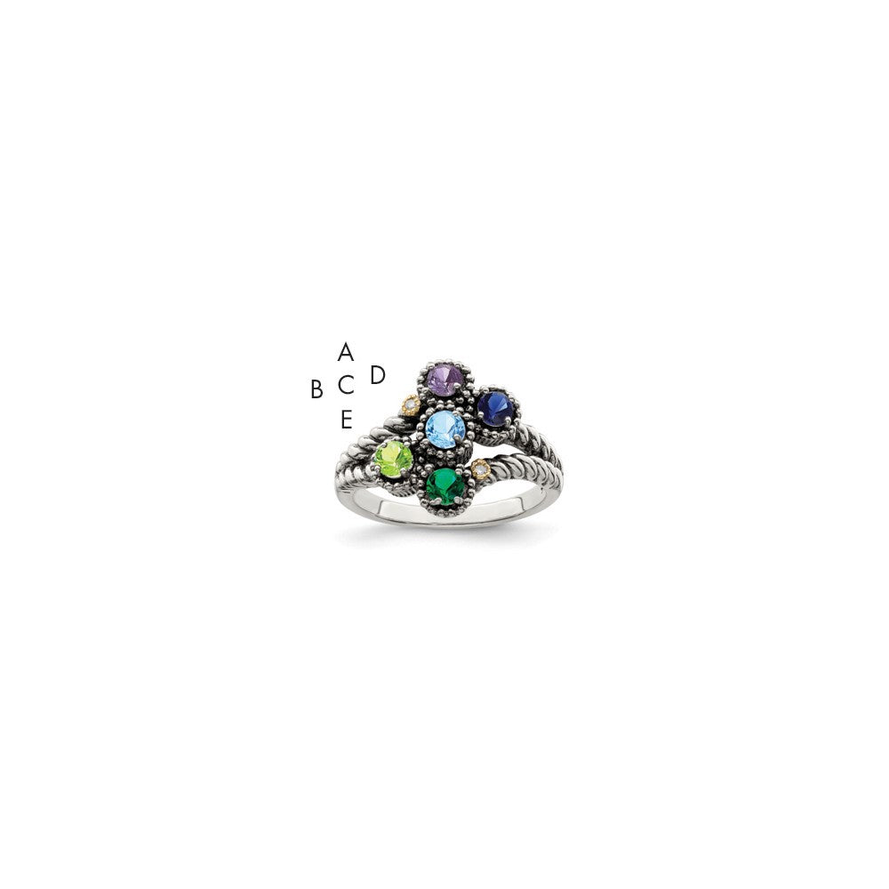 Sterling Silver Antiqued w/14k 5-stone w/Diamond Mother's Ring - 44