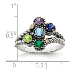 Sterling Silver Antiqued w/14k 5-stone w/Diamond Mother's Ring - 41