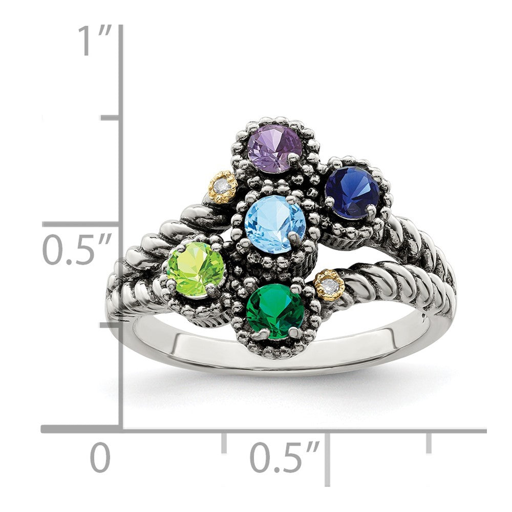 Sterling Silver Antiqued w/14k 5-stone w/Diamond Mother's Ring - 43
