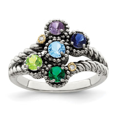 Sterling Silver Antiqued w/14k 5-stone w/Diamond Mother's Ring - 43