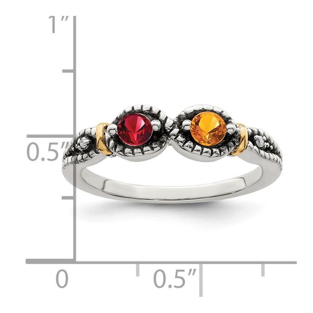 Sterling Silver Antiqued w/14k 2-stone w/Diamond Mother's Ring - 52