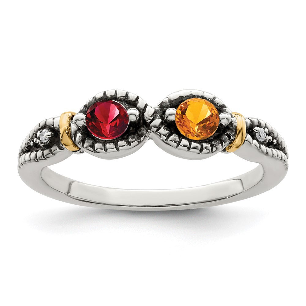 Sterling Silver Antiqued w/14k 2-stone w/Diamond Mother's Ring - 52