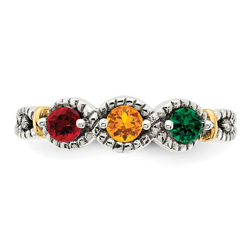 Sterling Silver Antiqued w/14k 3-stone w/Diamond Mother's Ring - 53