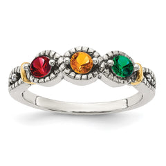 Sterling Silver Antiqued w/14k 3-stone w/Diamond Mother's Ring - 75