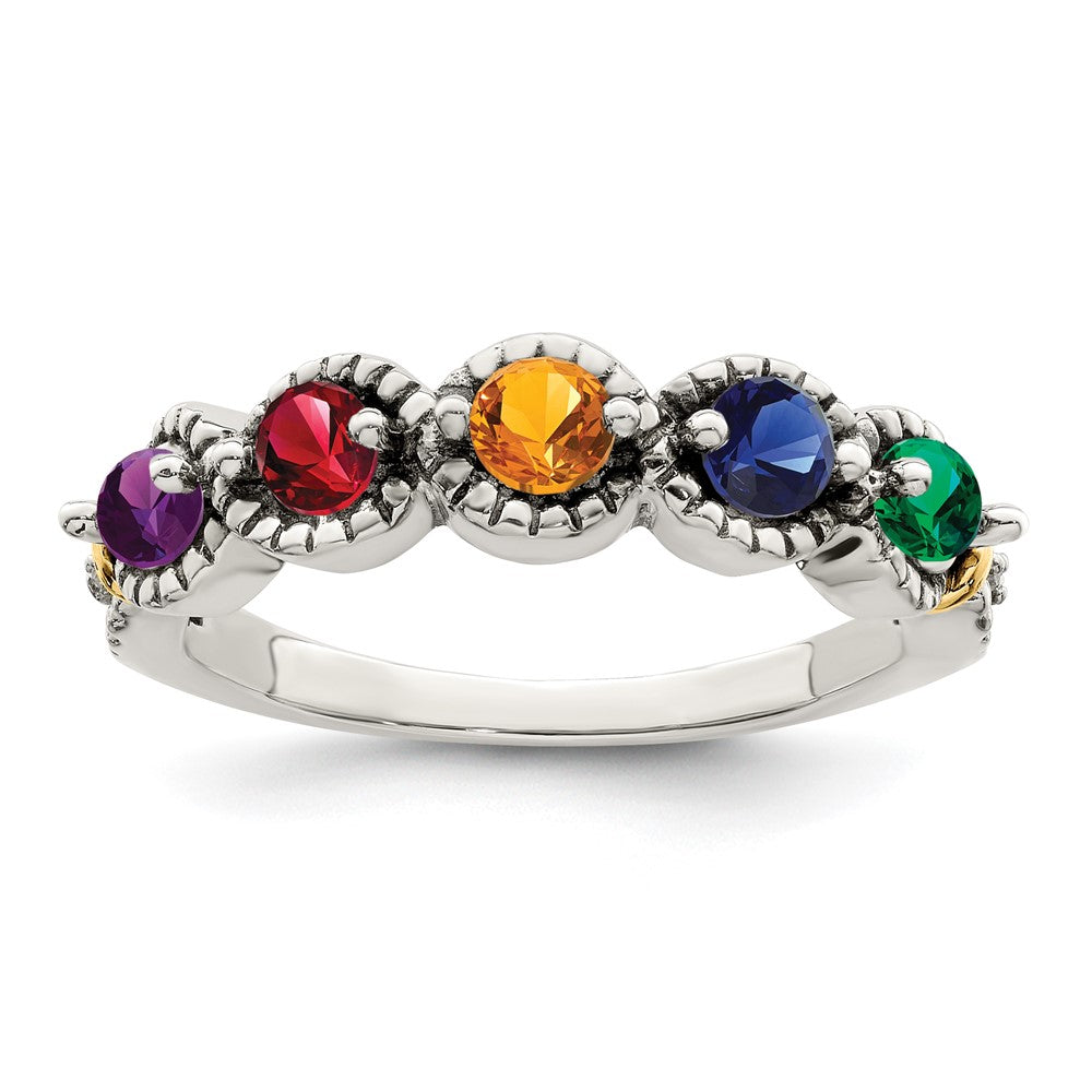 Sterling Silver Antiqued w/14k 5-stone w/Diamond Mother's Ring - 73