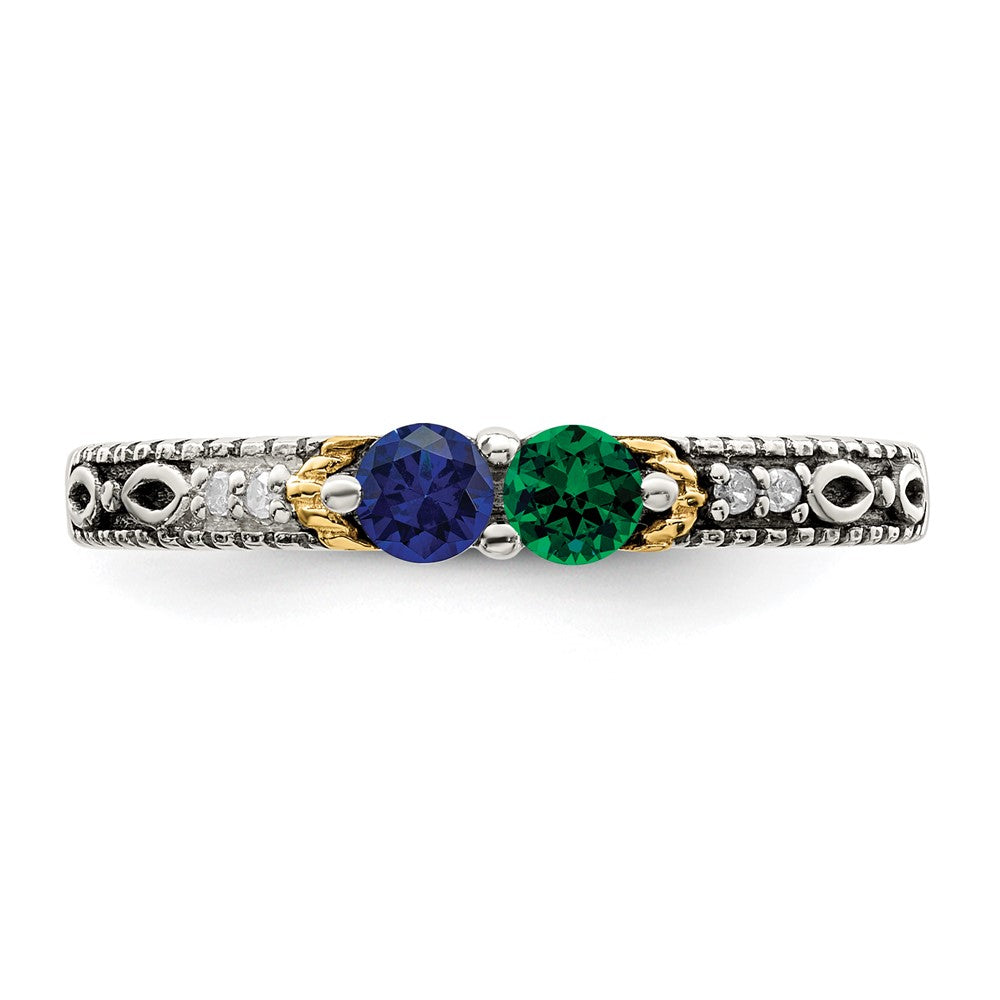 Sterling Silver Antiqued w/14k 2-stone w/Diamond Mother's Ring - 29