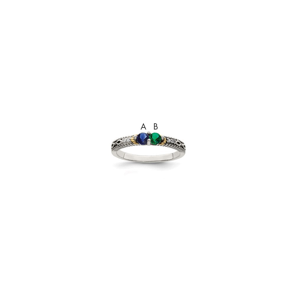 Sterling Silver Antiqued w/14k 2-stone w/Diamond Mother's Ring - 75
