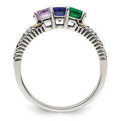 Sterling Silver Antiqued w/14k 3-stone w/Diamond Mother's Ring - 16