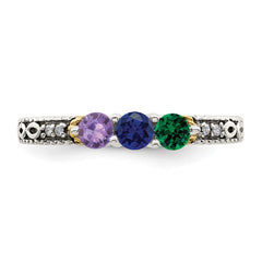 Sterling Silver Antiqued w/14k 3-stone w/Diamond Mother's Ring - 14
