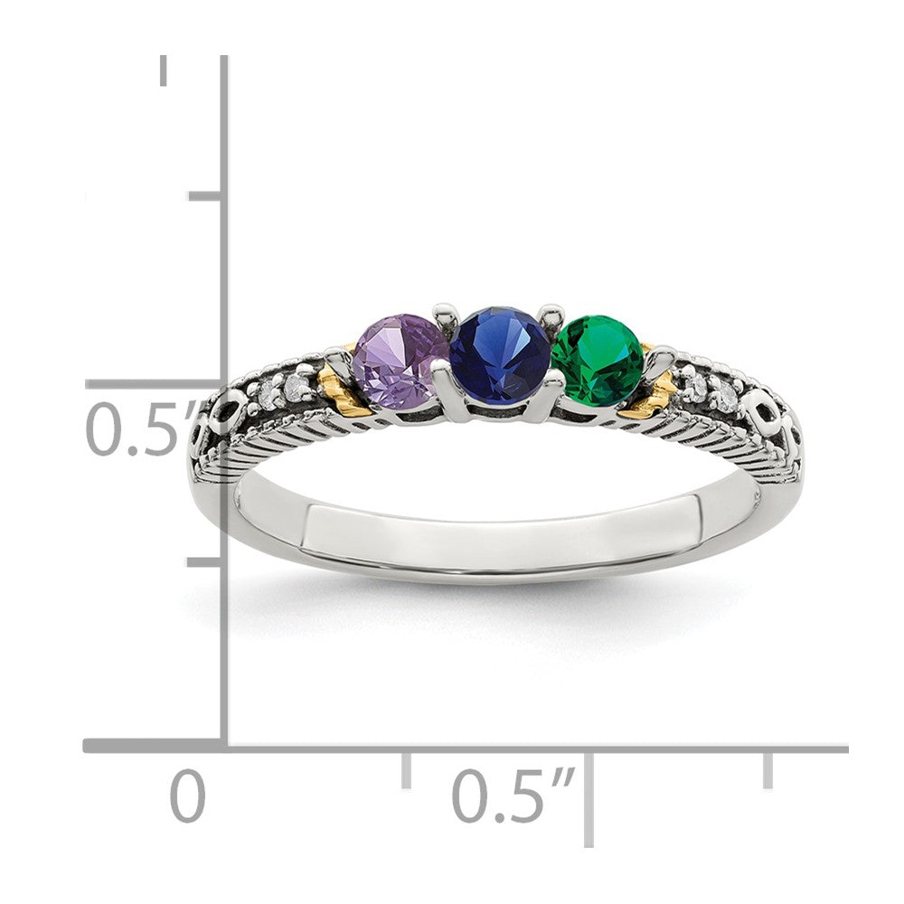 Sterling Silver Antiqued w/14k 3-stone w/Diamond Mother's Ring - 17