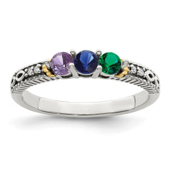 Sterling Silver Antiqued w/14k 3-stone w/Diamond Mother's Ring - 16