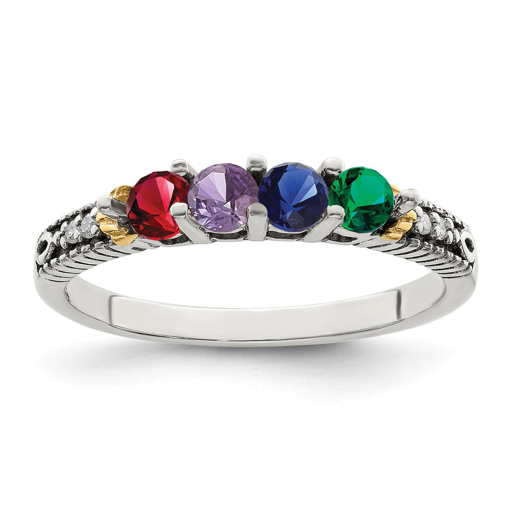 Sterling Silver Antiqued w/14k 4-stone w/Diamond Mother's Ring - 83