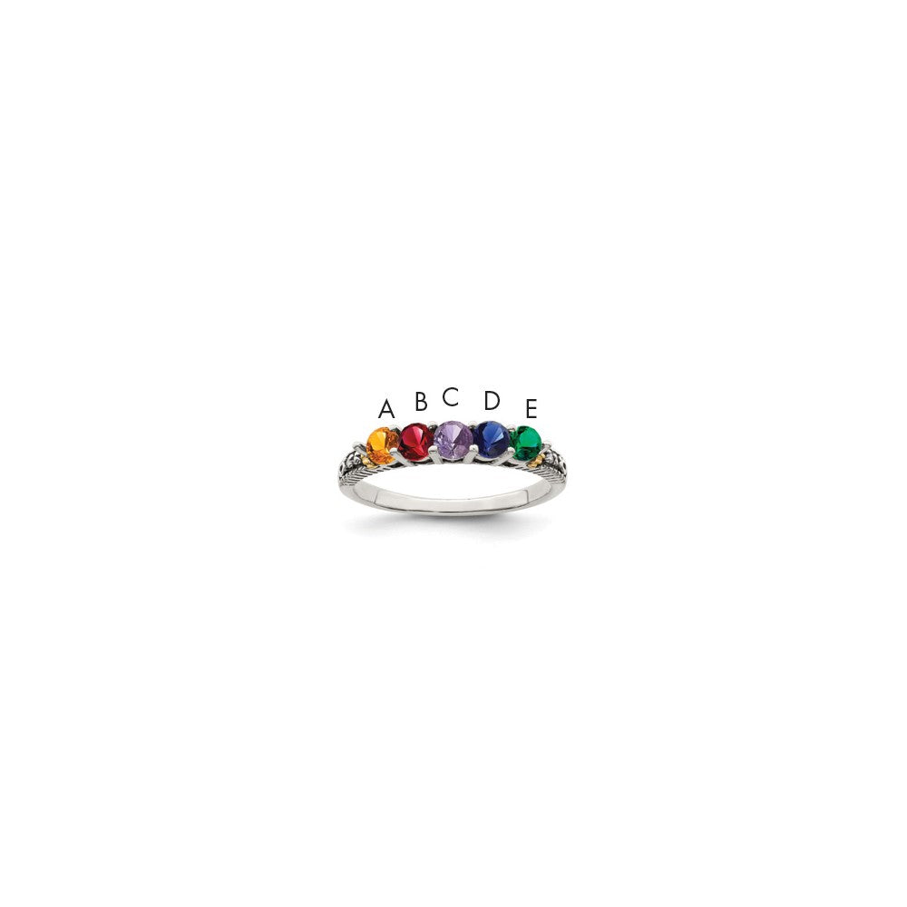 Sterling Silver Antiqued w/14k 5-stone w/Diamond Mother's Ring - 81