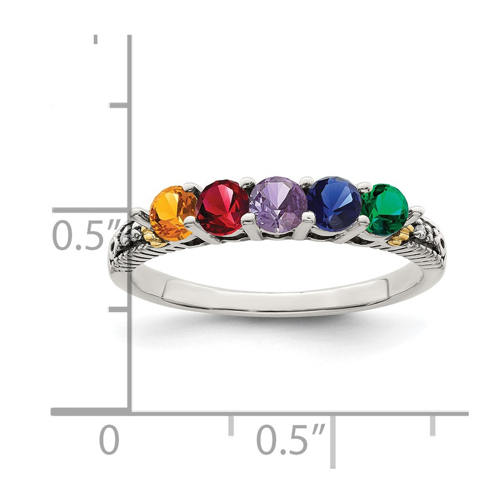 Sterling Silver Antiqued w/14k 5-stone w/Diamond Mother's Ring - 82