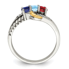 Sterling Silver Antiqued w/14k 3-stone w/Diamond Mother's Ring - 85