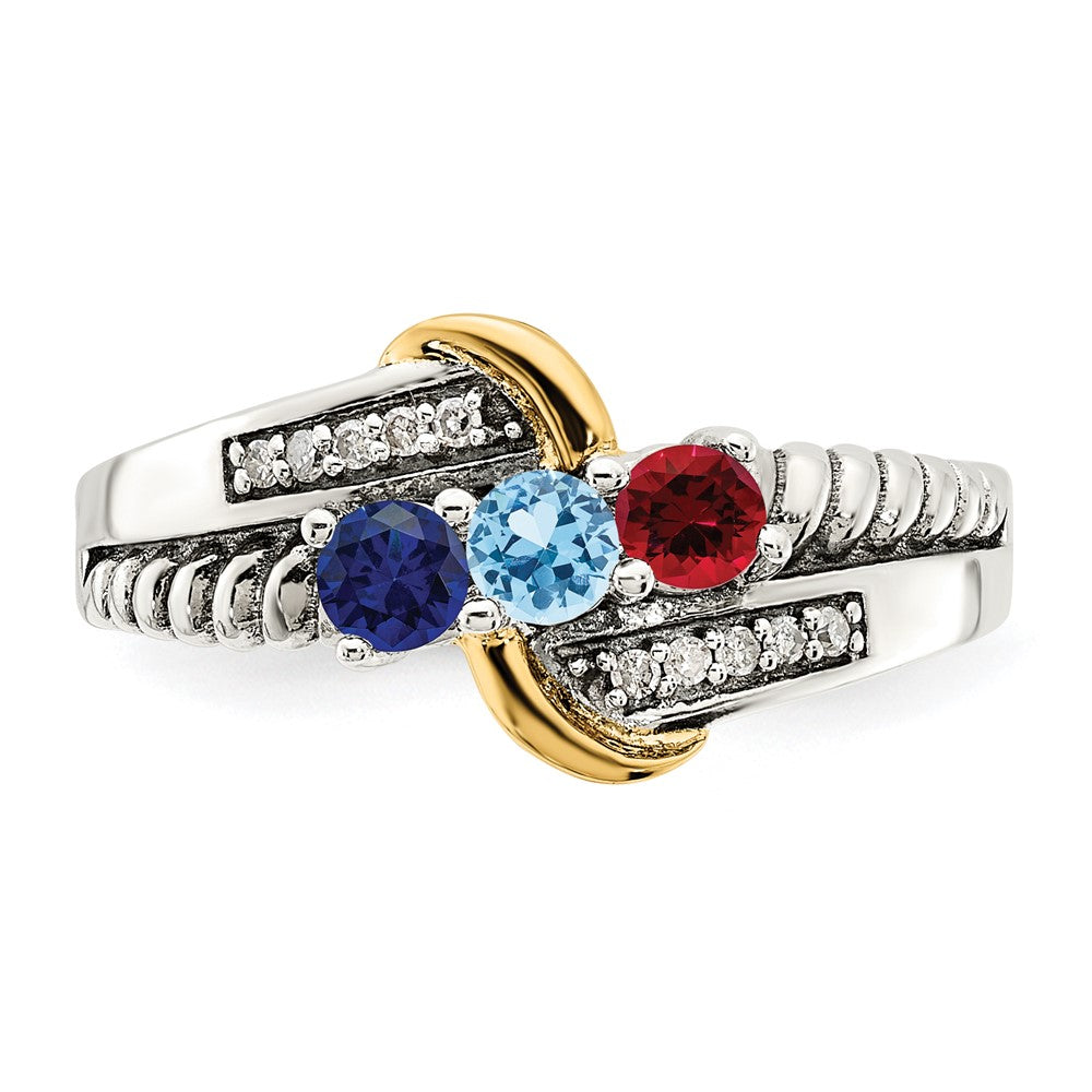 Sterling Silver Antiqued w/14k 3-stone w/Diamond Mother's Ring - 60