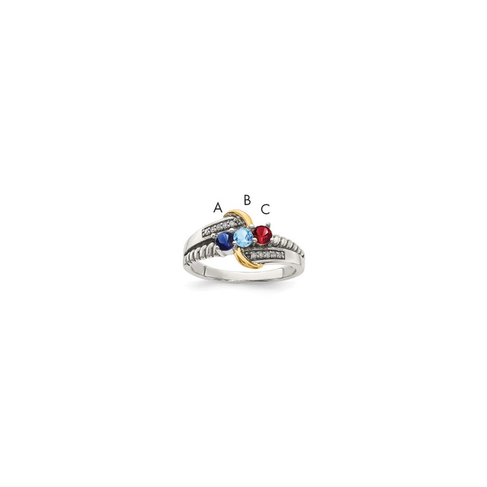Sterling Silver Antiqued w/14k 3-stone w/Diamond Mother's Ring - 84