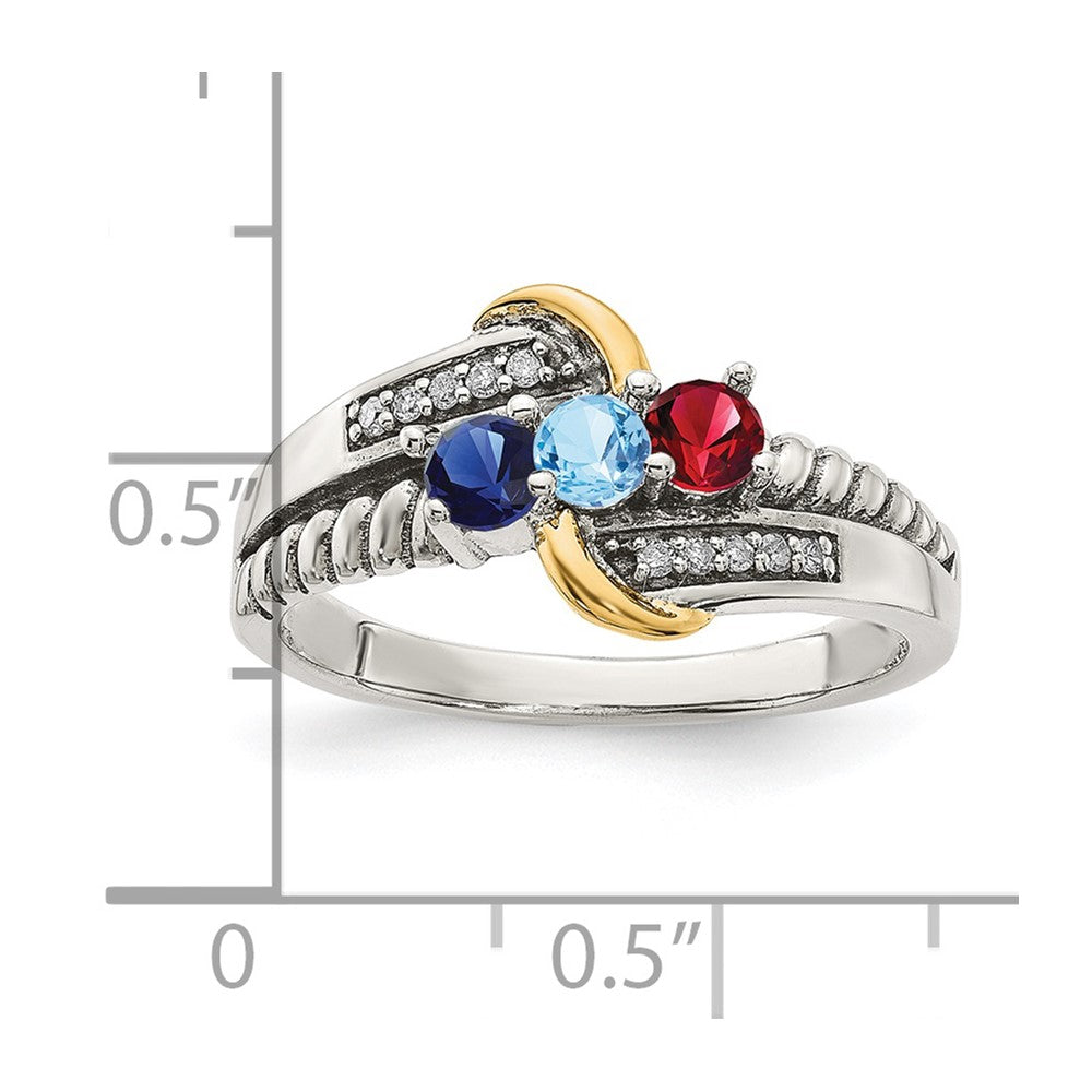 Sterling Silver Antiqued w/14k 3-stone w/Diamond Mother's Ring - 84
