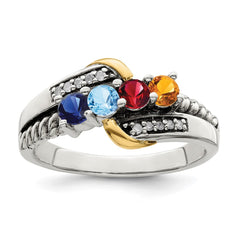 Sterling Silver Antiqued w/14k 4-stone w/Diamond Mother's Ring - 81
