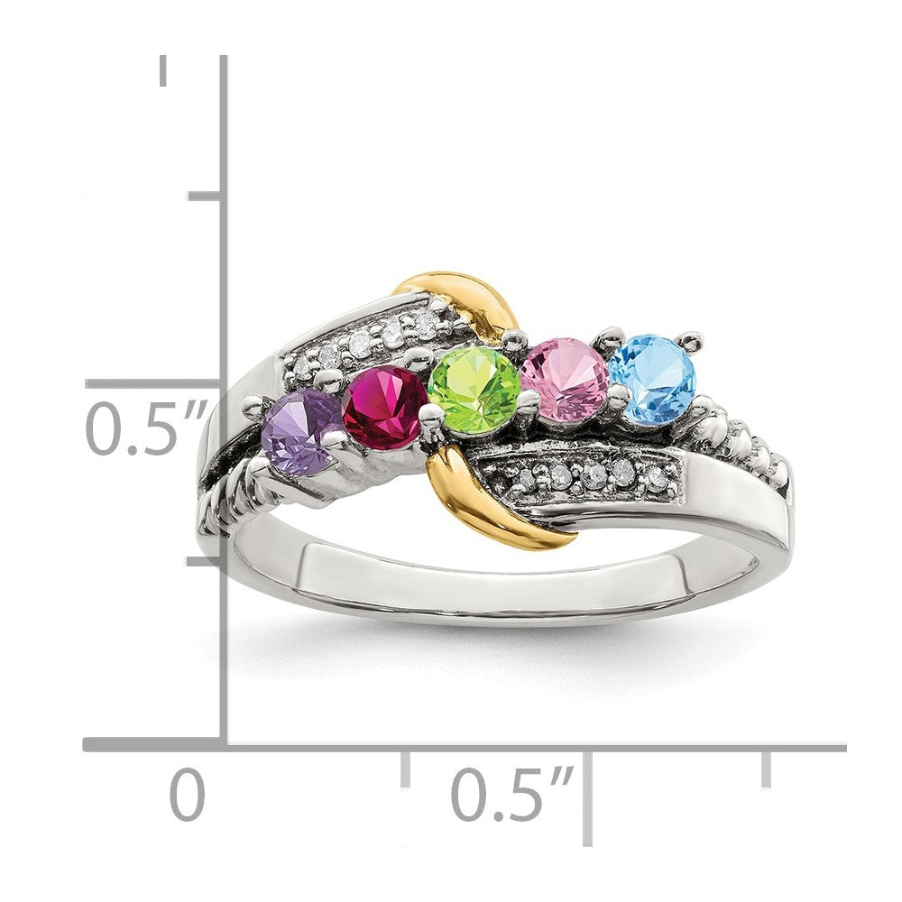 Sterling Silver Antiqued w/14k 5-stone w/Diamond Mother's Ring - 78