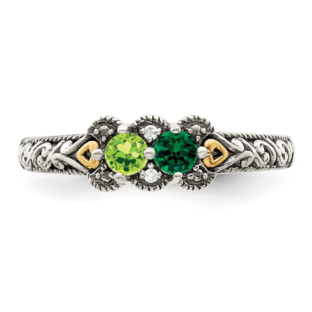 Sterling Silver Antiqued w/14k 2-stone w/Diamond Mother's Ring - 69