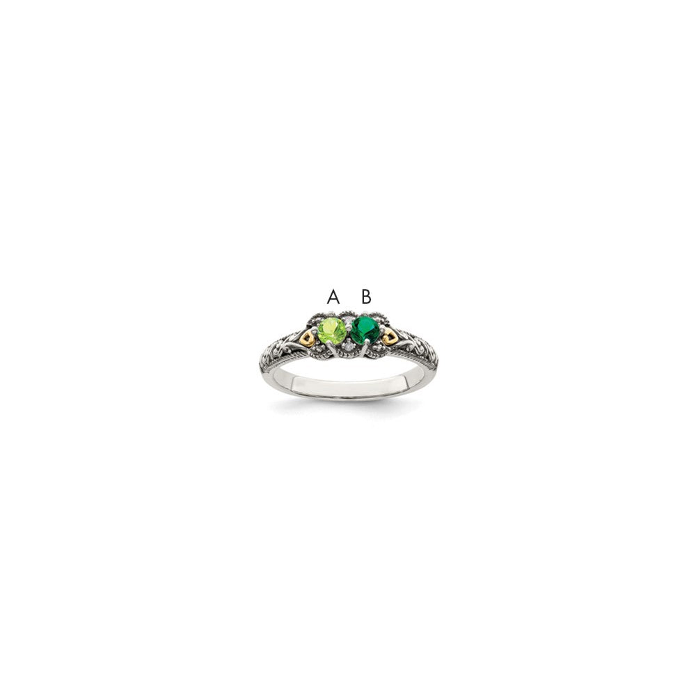 Sterling Silver Antiqued w/14k 2-stone w/Diamond Mother's Ring - 81