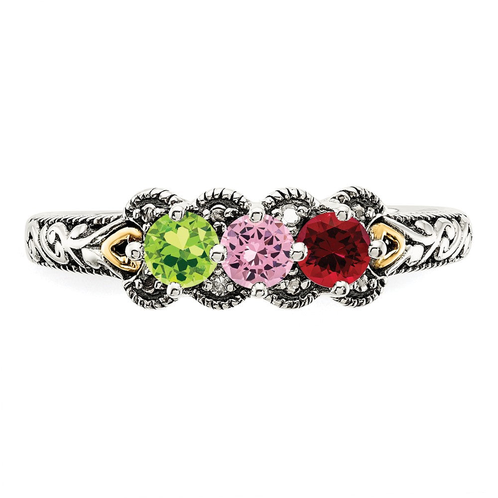 Sterling Silver Antiqued w/14k 3-stone w/Diamond Mother's Ring - 87