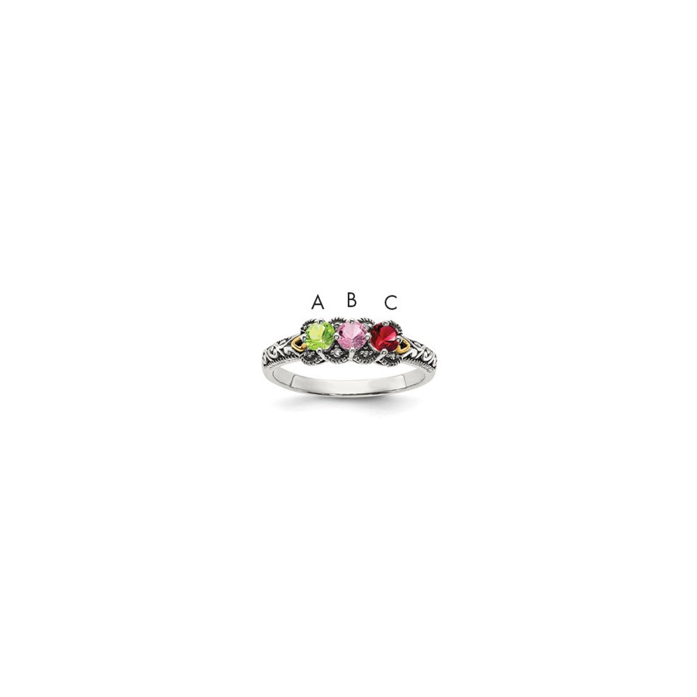 Sterling Silver Antiqued w/14k 3-stone w/Diamond Mother's Ring - 87