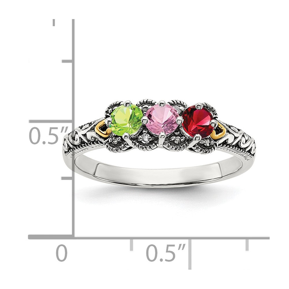 Sterling Silver Antiqued w/14k 3-stone w/Diamond Mother's Ring - 87