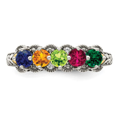 Sterling Silver Antiqued w/14k 5-stone w/Diamond Mother's Ring - 22