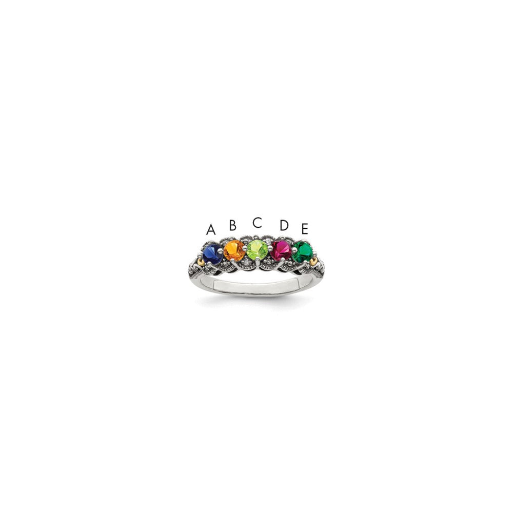 Sterling Silver Antiqued w/14k 5-stone w/Diamond Mother's Ring - 84