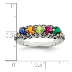 Sterling Silver Antiqued w/14k 5-stone w/Diamond Mother's Ring - 85