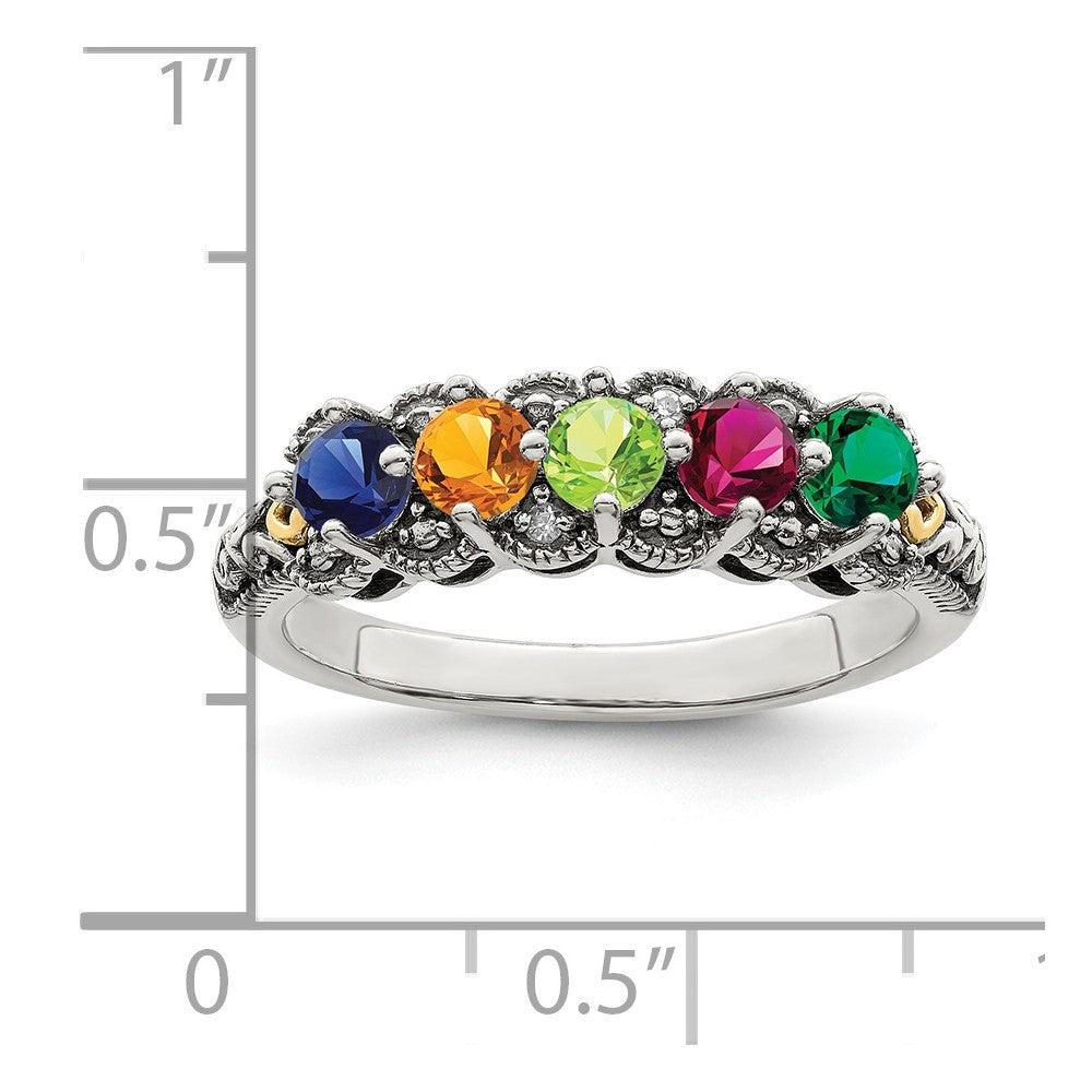 Sterling Silver Antiqued w/14k 5-stone w/Diamond Mother's Ring - 84