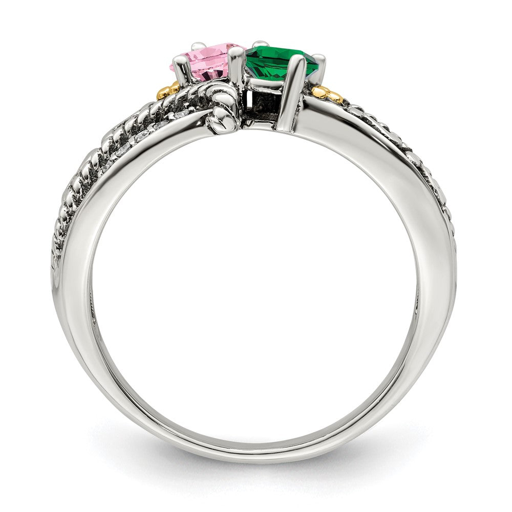 Sterling Silver Antiqued w/14k 2-stone w/Diamond Mother's Ring - 87