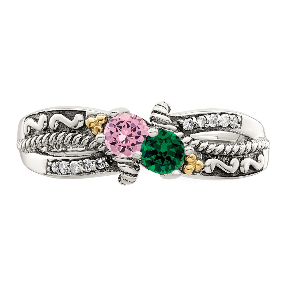 Sterling Silver Antiqued w/14k 2-stone w/Diamond Mother's Ring - 85