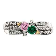 Sterling Silver Antiqued w/14k 2-stone w/Diamond Mother's Ring - 86