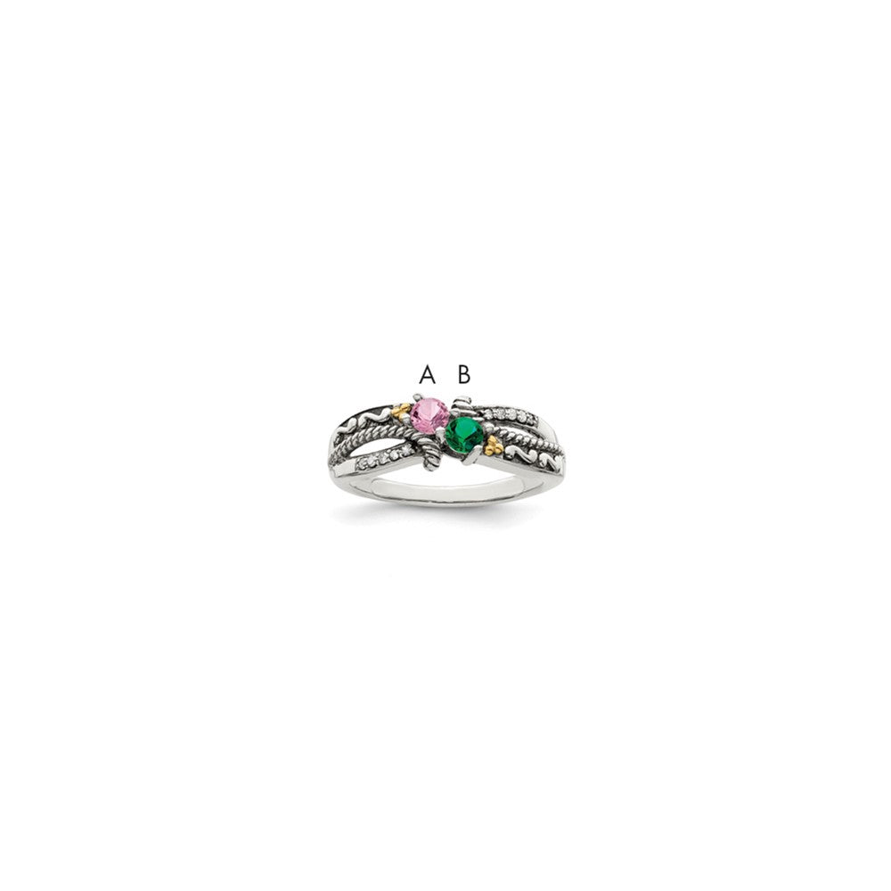 Sterling Silver Antiqued w/14k 2-stone w/Diamond Mother's Ring - 85