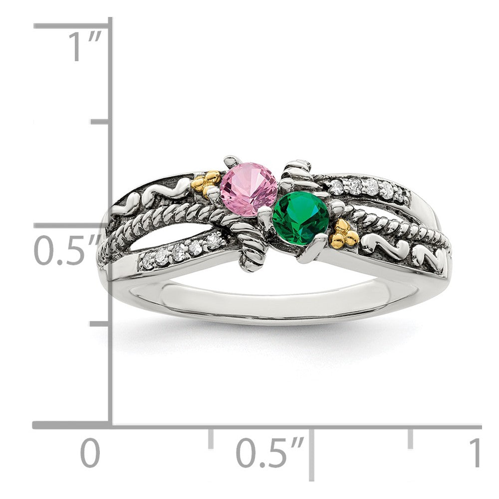 Sterling Silver Antiqued w/14k 2-stone w/Diamond Mother's Ring - 88