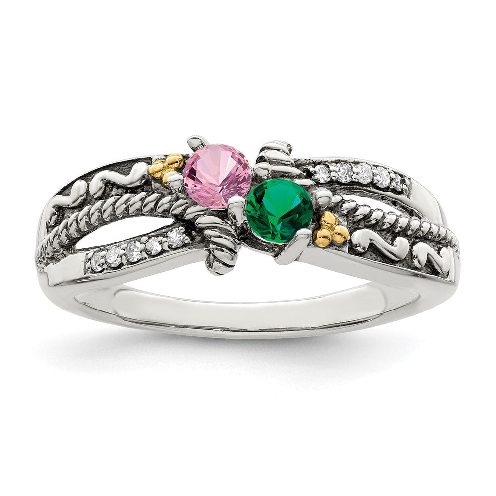 Sterling Silver Antiqued w/14k 2-stone w/Diamond Mother's Ring - 85