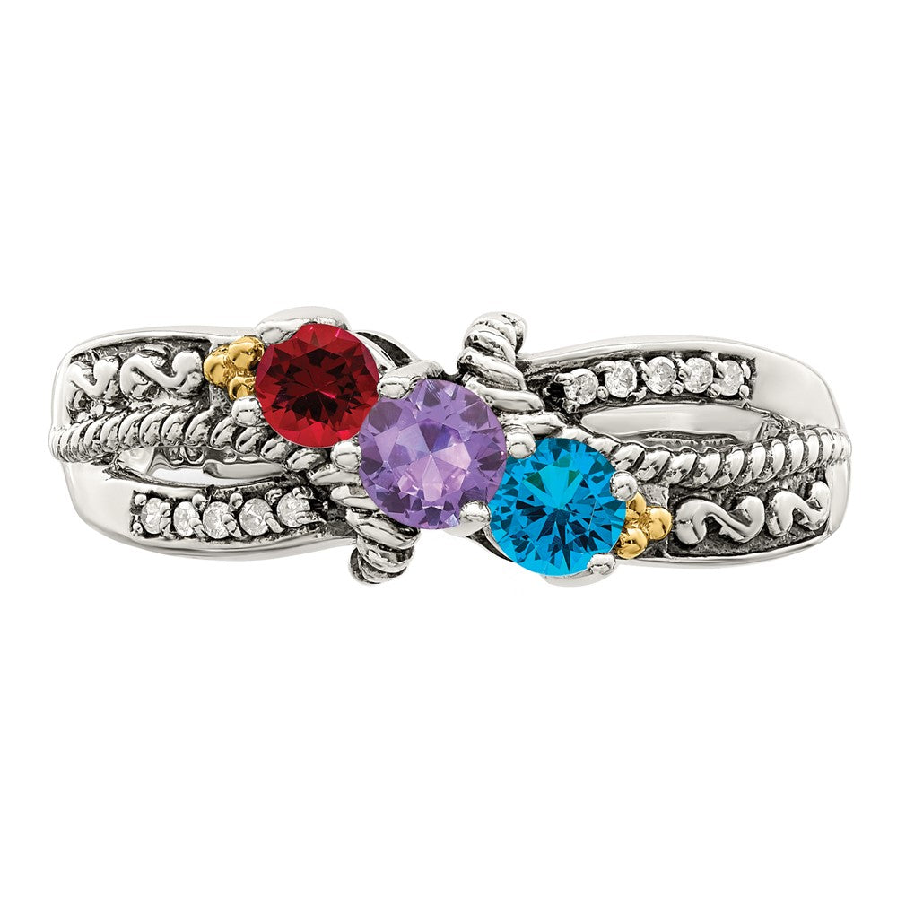 Sterling Silver Antiqued w/14k 3-stone w/Diamond Mother's Ring - 88