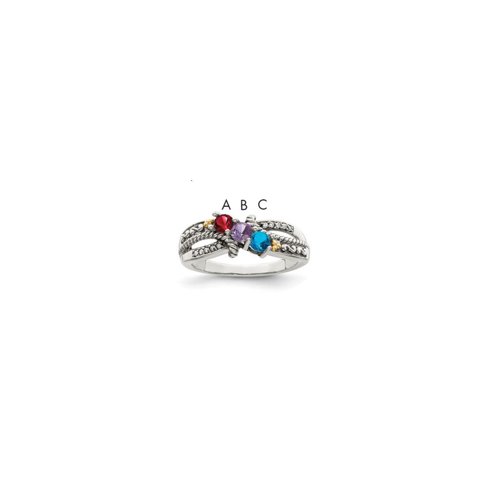 Sterling Silver Antiqued w/14k 3-stone w/Diamond Mother's Ring - 88