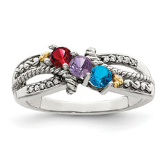 Sterling Silver Antiqued w/14k 3-stone w/Diamond Mother's Ring - 88
