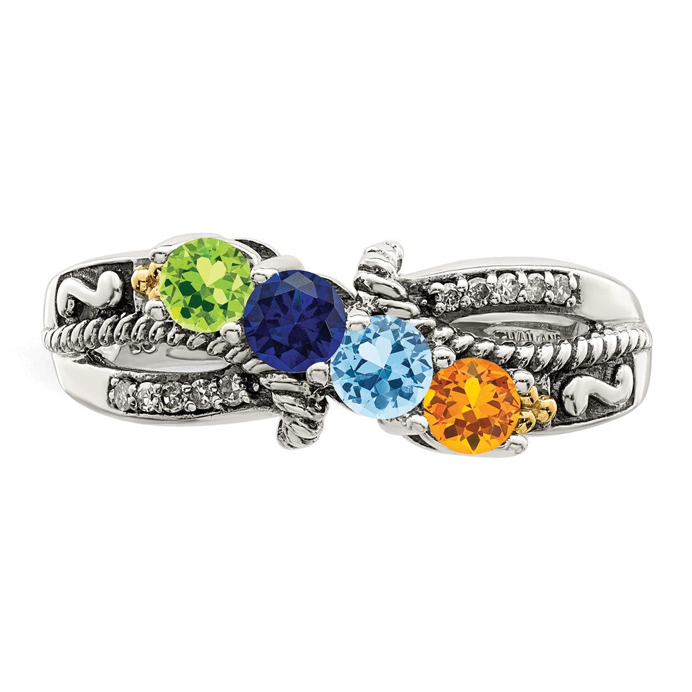 Sterling Silver Antiqued w/14k 4-stone w/Diamond Mother's Ring - 90